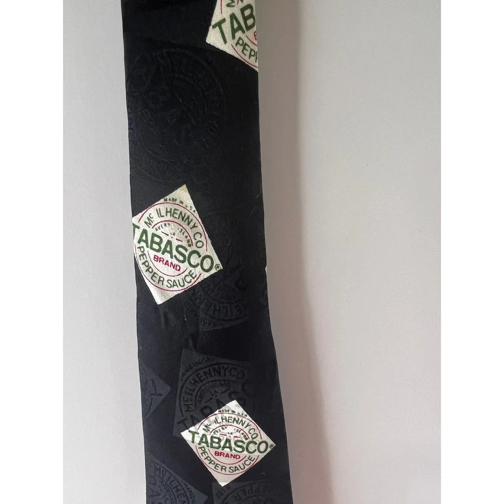 Tabasco Mens Silk Necktie‎ Black Novelty BBQ Grilling Hot Sauce Logo Print Tie